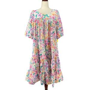 Vtg 80s 90s Two Potato Watercolor Pastel Floral Sheer Dress M Grandma Muumuu